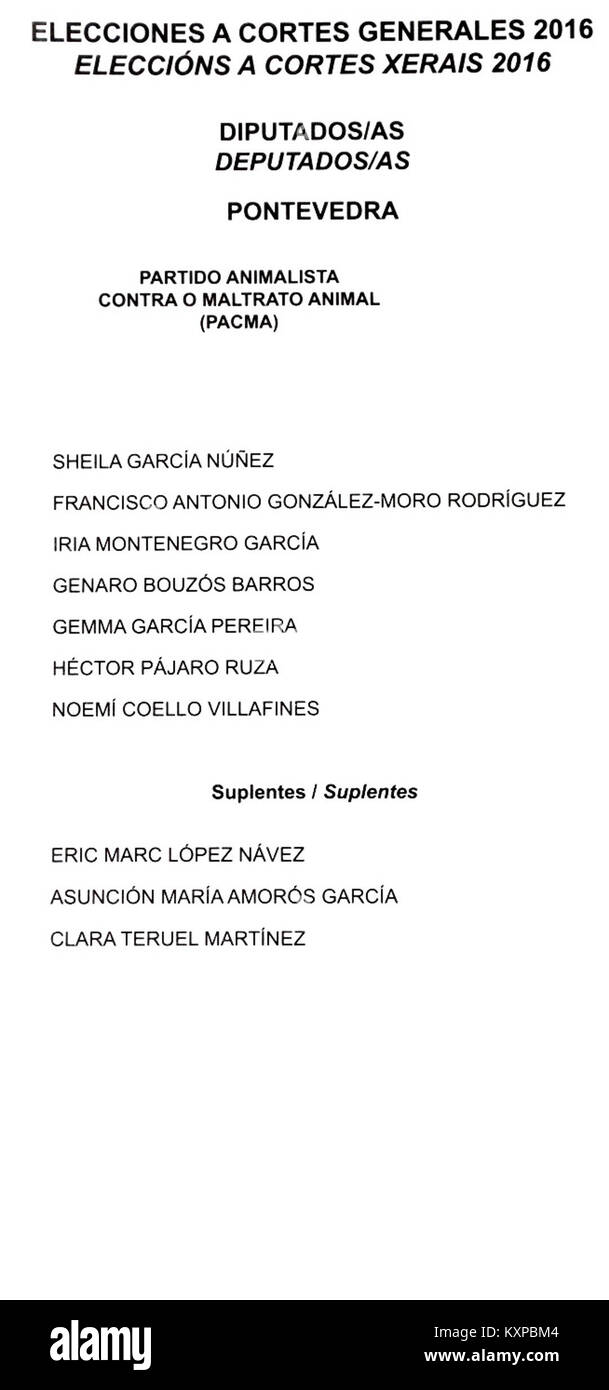 Bei den Regionalwahlen 2016 in Pontevedra, Spanien, für die Cortes Xerais, war PACMA unter den teilnehmenden politischen Parteien beteiligt, wobei der Schwerpunkt auf der Auswahl der Abgeordneten für die Regionalregierung lag. Stockfoto