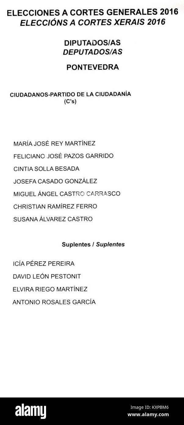 Dieser Bericht dokumentiert die allgemeinen Wahlen in Spanien 2016, wobei der Schwerpunkt auf den parlamentarischen Kandidaten aus Pontevedra liegt, die die politische Partei Ciudadanos vertreten. Stockfoto