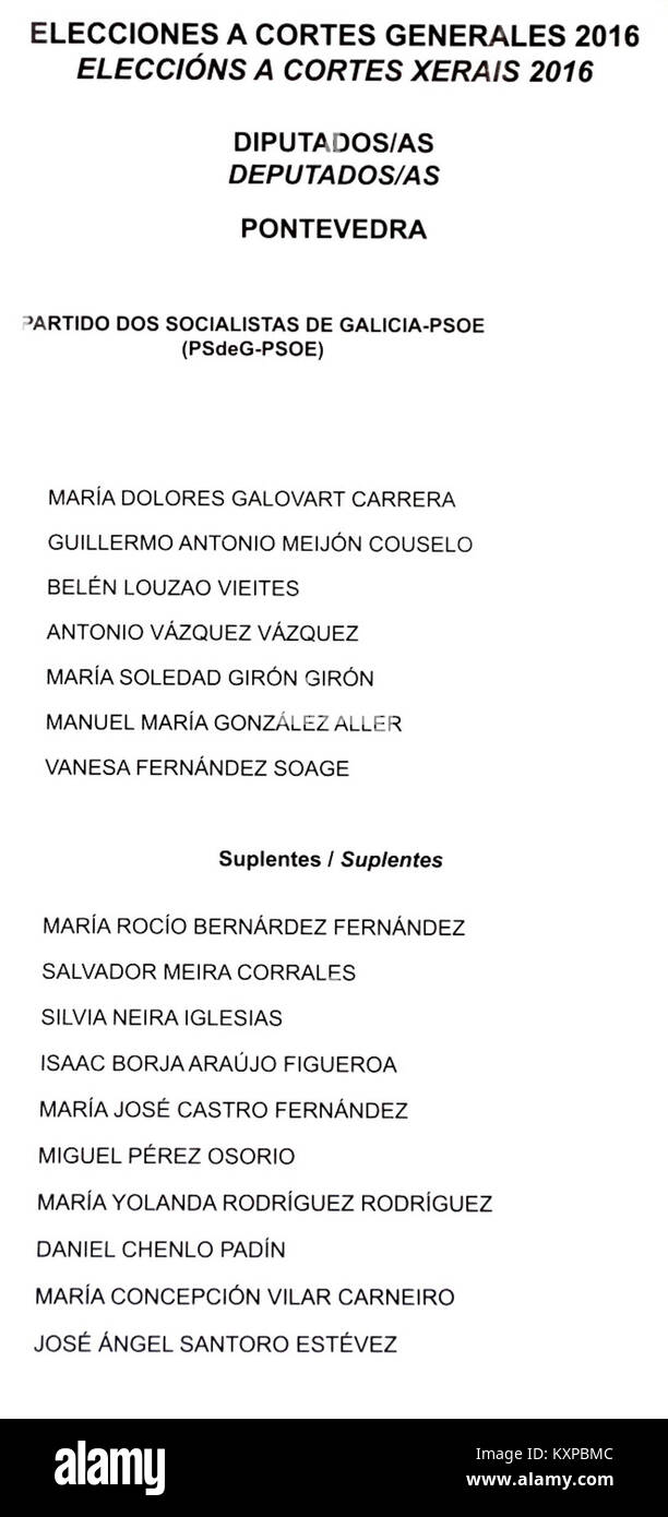 Dieser Stimmzettel der spanischen Parlamentswahlen 2016 in Pontevedra zeigt die Kandidaten der PSdeG-PSOE und hebt die politische Beteiligung Galiciens während der Wahlen hervor. Stockfoto