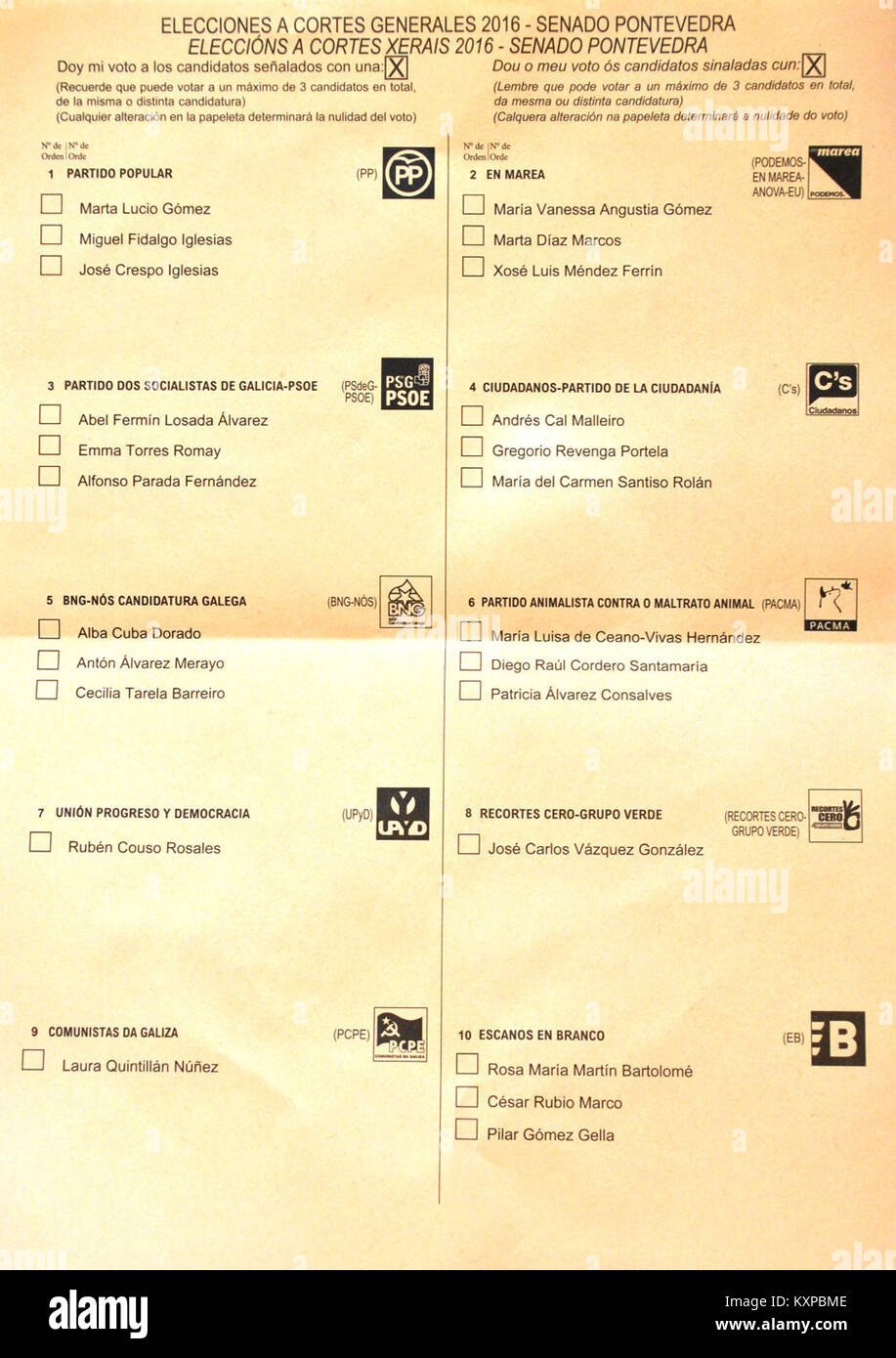 Dieser Wahlrekord aus Pontevedra, Spanien, 2016 dokumentiert die Wahlergebnisse für den Senat während der spanischen Parlamentswahlen, was die politische Beteiligung in Galicien widerspiegelt. Stockfoto