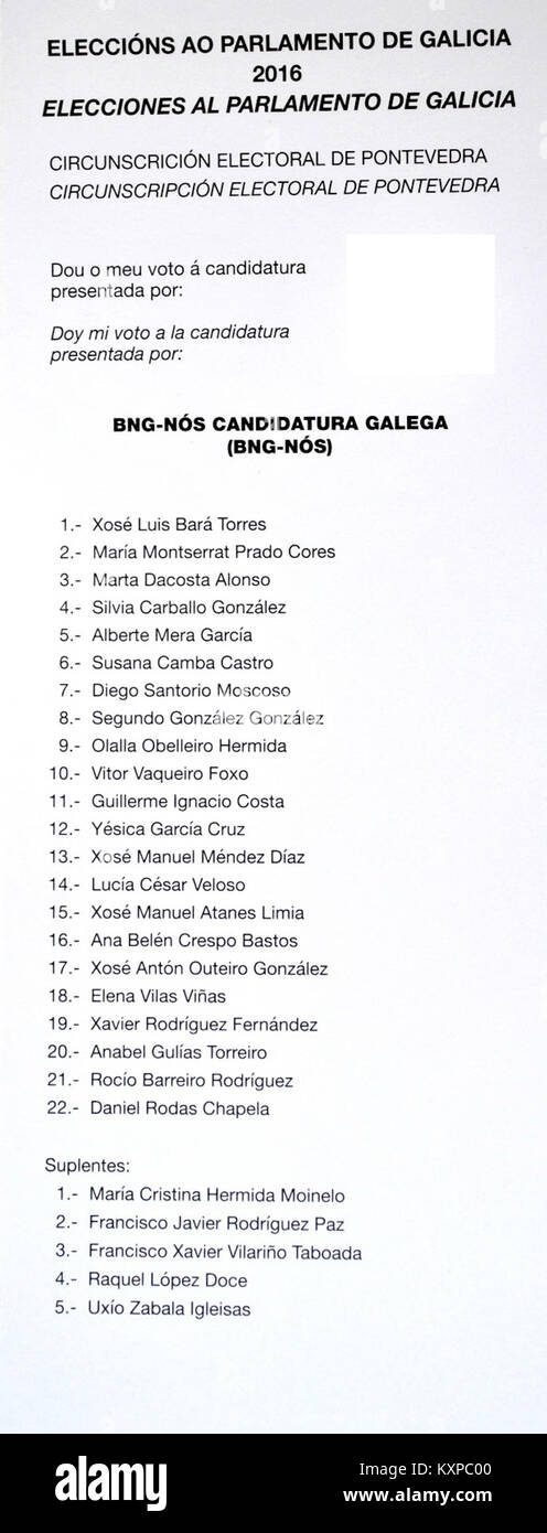 Bild aus der Wahlkampagne des Parlaments in Galicien 2016, die die politische Partei BNG-N&S in Pontevedra zeigt und ihr öffentliches Engagement und ihre Kampagnenstrategien dokumentiert. Stockfoto