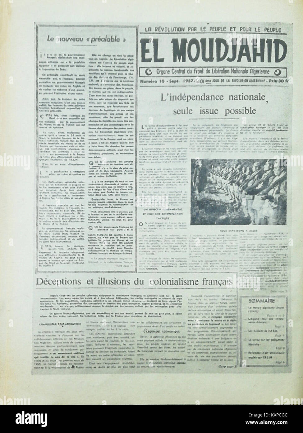 El Moudjahid Fr (10), 01-09 -1957-L'indépendance nationale, seule Problem möglich Stockfoto