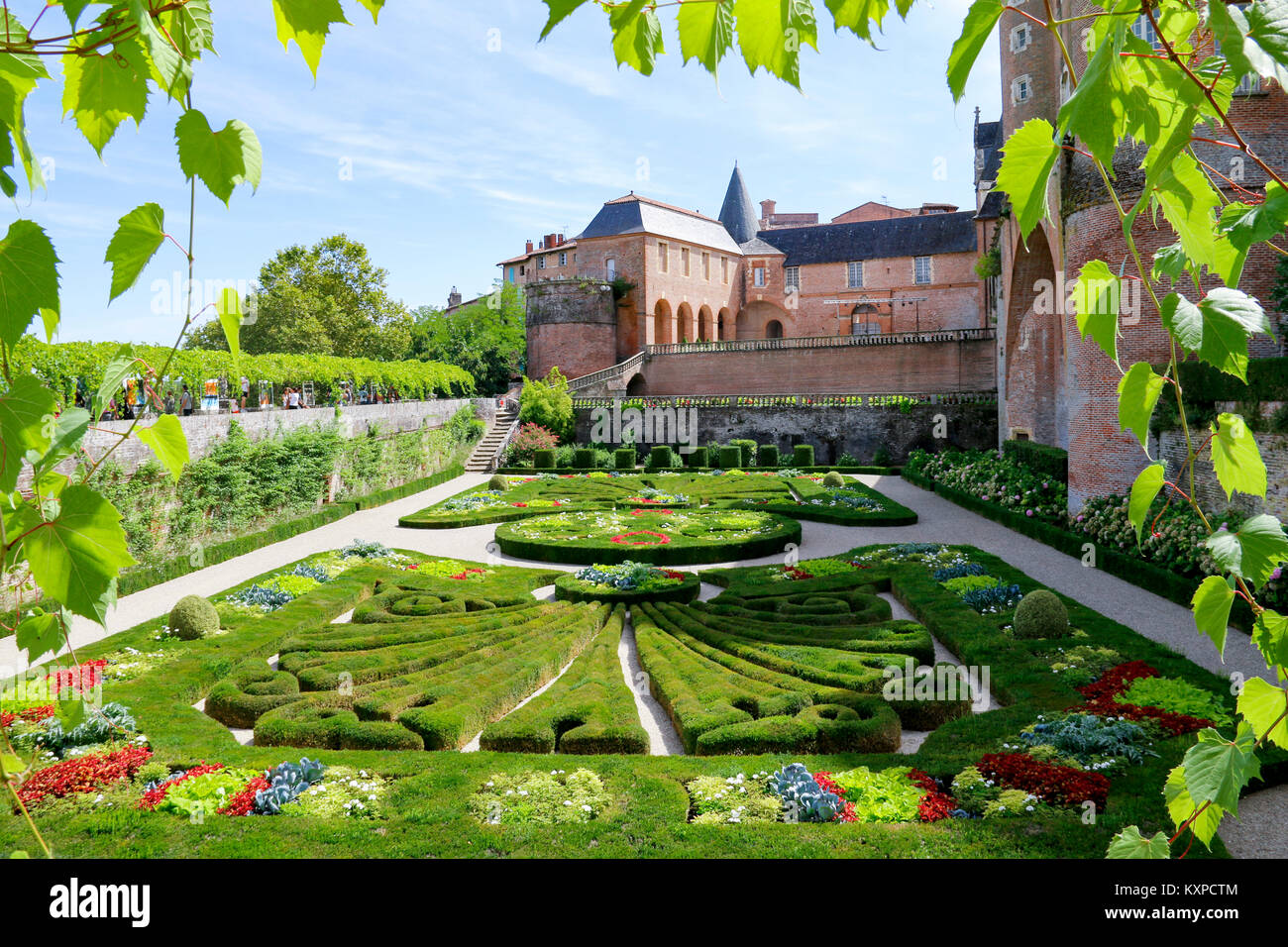 Albi, Tarn, Royal, Frankreich. Blick auf die Gärten des Palastes Berbie durch Blätter eingerahmt. Stockfoto