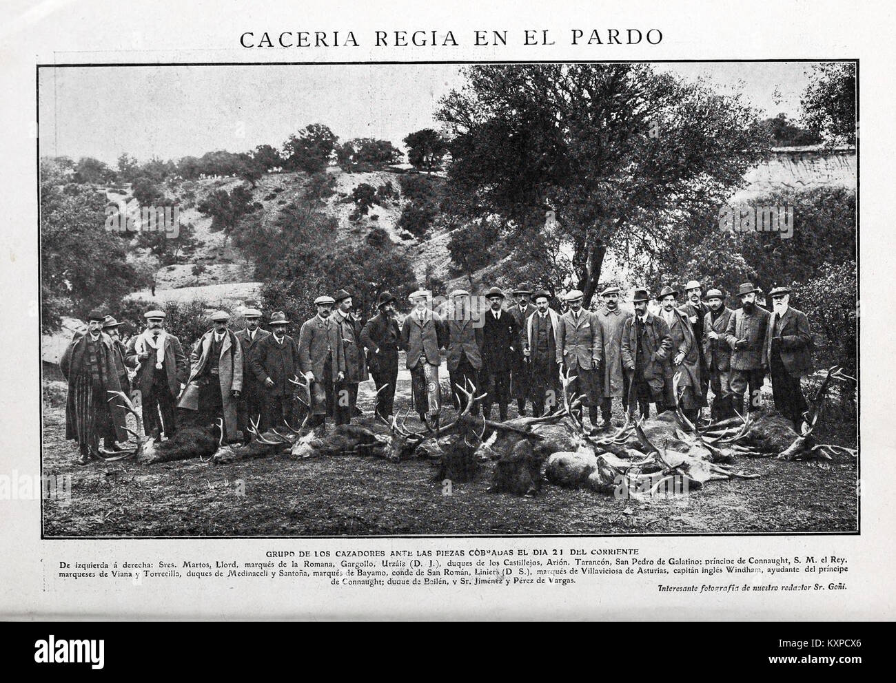 „Cacería regia en El Pardo“ von Goñi zeigt königliche Jagdaktivitäten in El Pardo, Spanien, und veranschaulicht traditionelle Jagdpraktiken und Landschaften. Stockfoto