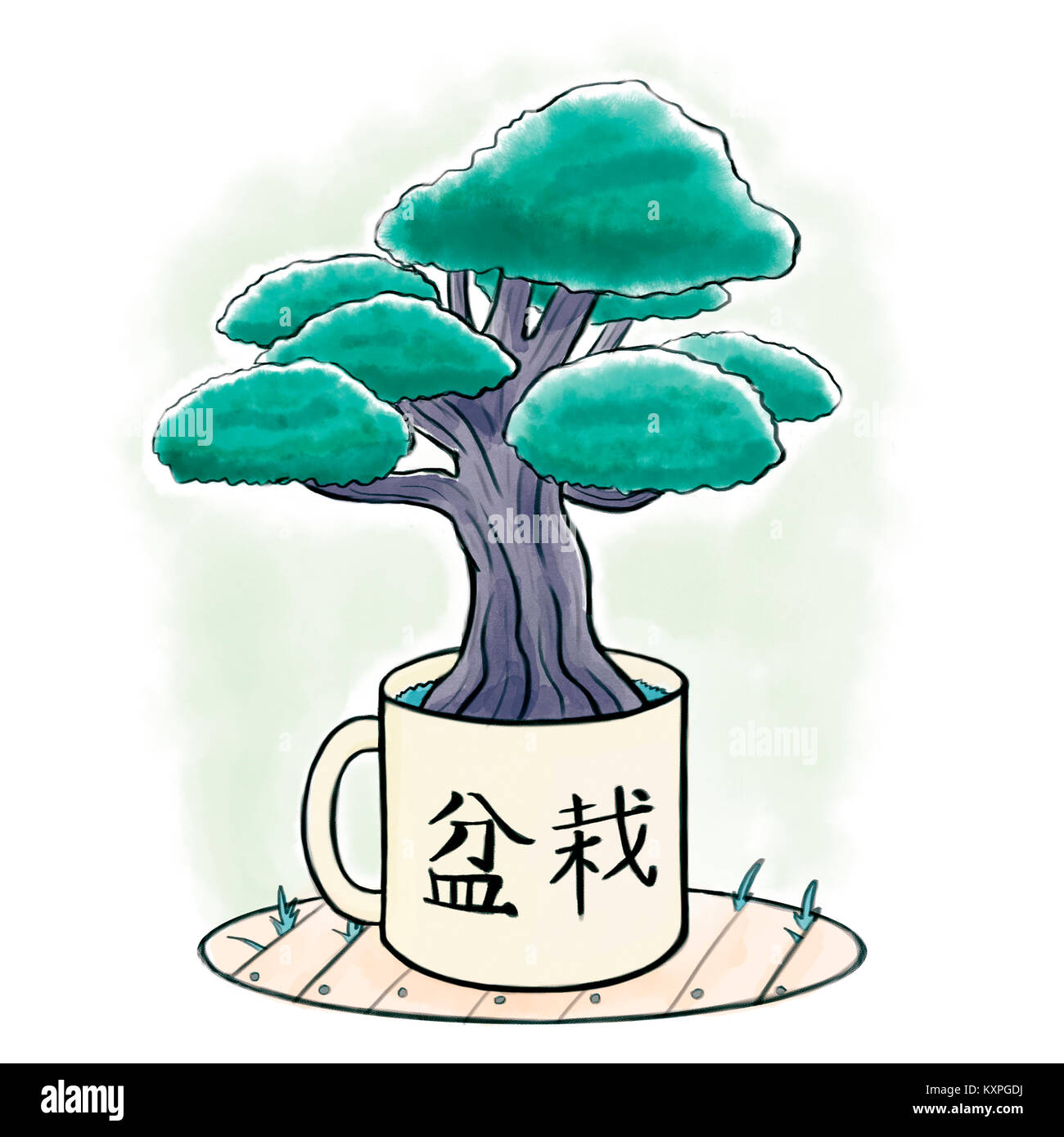 Digitale Illustration eines Bonsai Baum in einem Becher wächst. Stockfoto