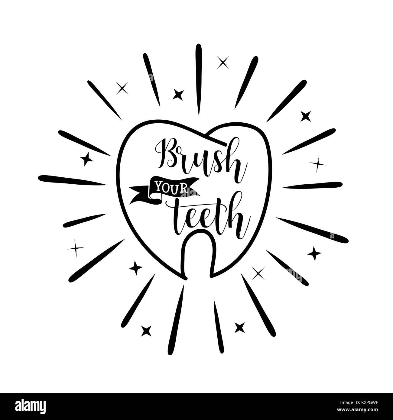 Putzen Sie Ihre Zähne. Zahnpflege motivationale Zitat Poster. Vektor handgezeichnete Illustrationen. Stock Vektor