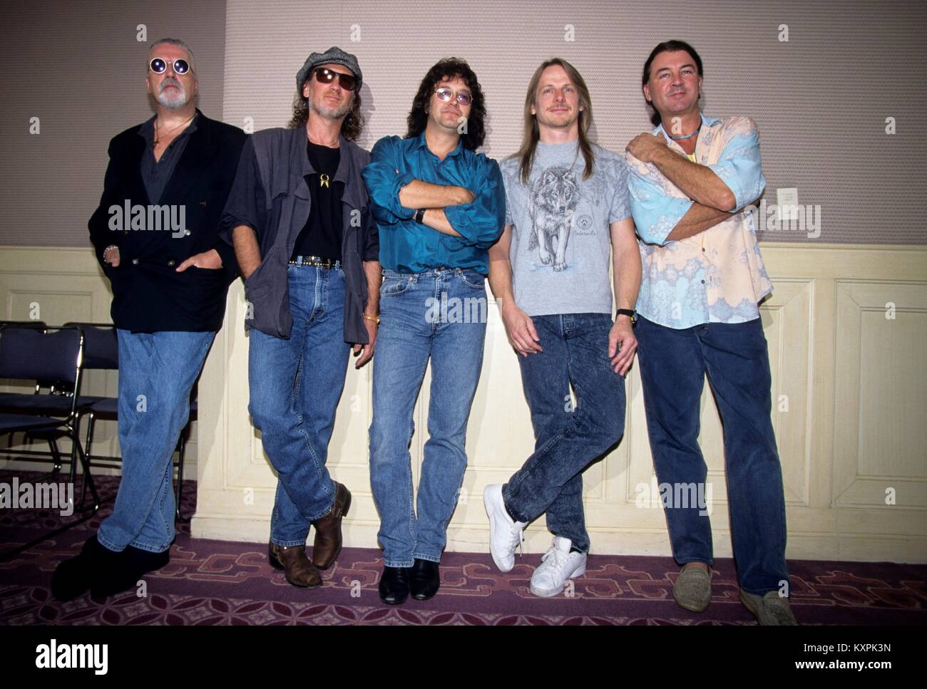 Legendäre britische Rockband Deep Purple während der ersten Pressekonferenz präsentieren amerikanische Gitarrist Steve Morse im Presidente Hotel in Mexiko Stadt, 23. November 1994, Keyboarder John Lord, Bassist Roger Glover, Schlagzeuger Ian Paice, Gitarrist Steve Morse und Sänger Ian Gillan ** KEINE MEXIKO ** © RTAceves/MediaPunch Stockfoto