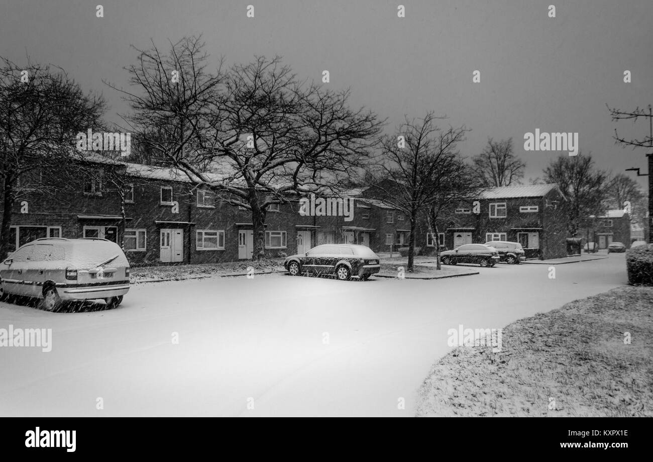 Jahreszeiten ersten Schneefall in Peterborough in Großbritannien Stockfoto
