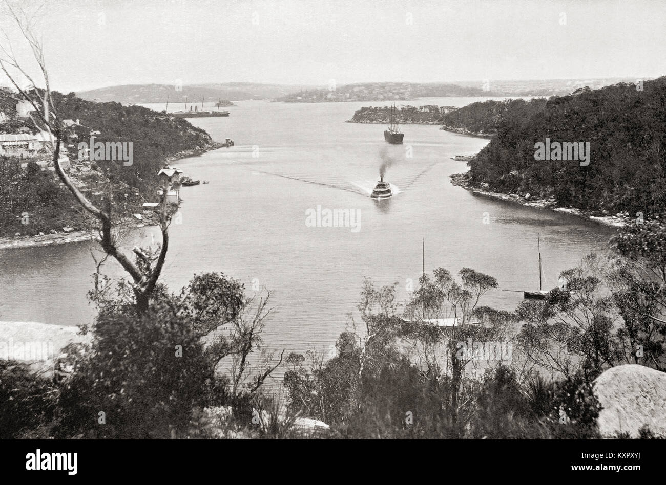 Hafen von Sydney, Sydney, New South Wales, Australien, hier vor dem Bau der Sydney Harbour Bridge, die in 1926 gestartet. Von den Wundern der Welt, veröffentlicht C 1920. Stockfoto