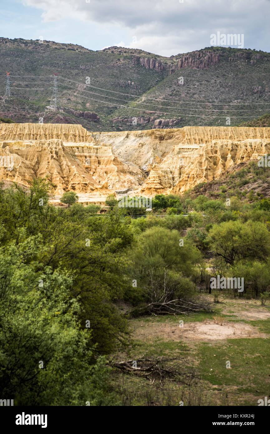 Aspekte eines Hügels oder Berges, der durch die Abfälle und Abstände einer alten Mine in Sonora und seinen grünen Wald um sie herum gebildet wurde. Wolkiger Tag mit Regenwahrscheinlichkeit © Foto: LuisGutierrez / NortePhoto.com Stockfoto