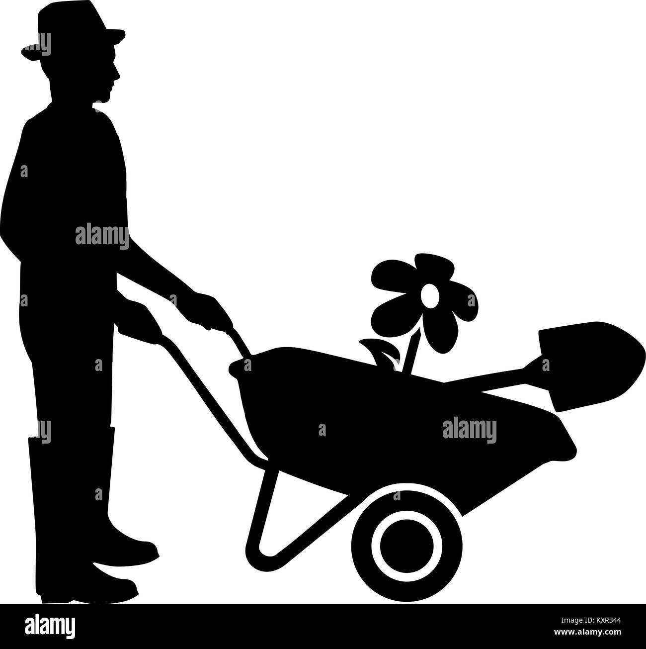 Silhouette einer Gärtner mit Schubkarre in Schwarz und Weiß Stock