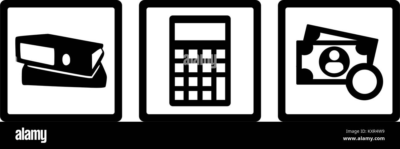 Buchhalter Icons, Ordner, Taschenrechner, Geld Stock Vektor
