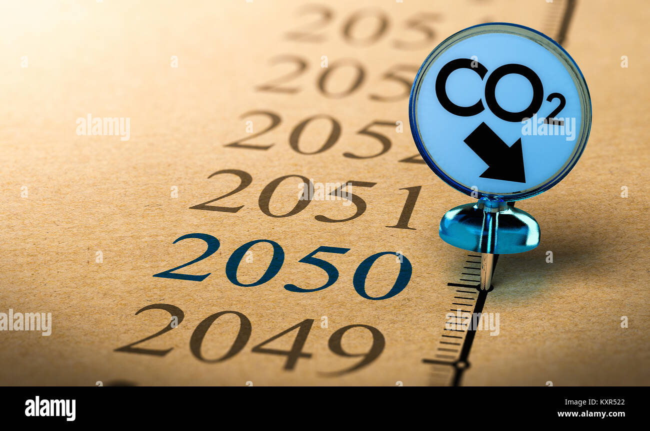 Spezielle Umschalter mit dem Text co2 pined auf einer Zeitachse vor dem Jahr 2050. Konzept der Klima- und CO2-Reduktion. Stockfoto