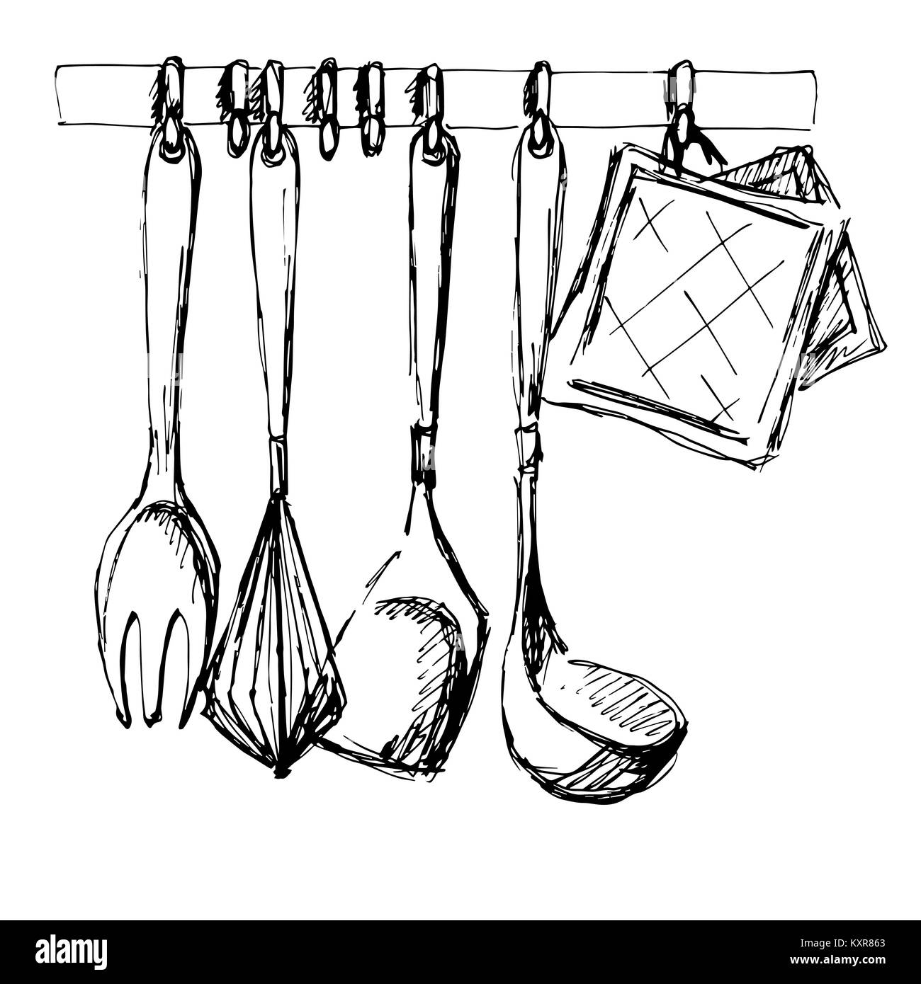 Küchengeräte. Vector Illustration in einer Skizze Stil. Stock Vektor