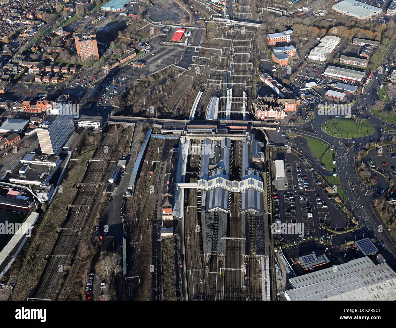 Luftbild von Bahnhof Crewe, Cheshire, Großbritannien Stockfoto