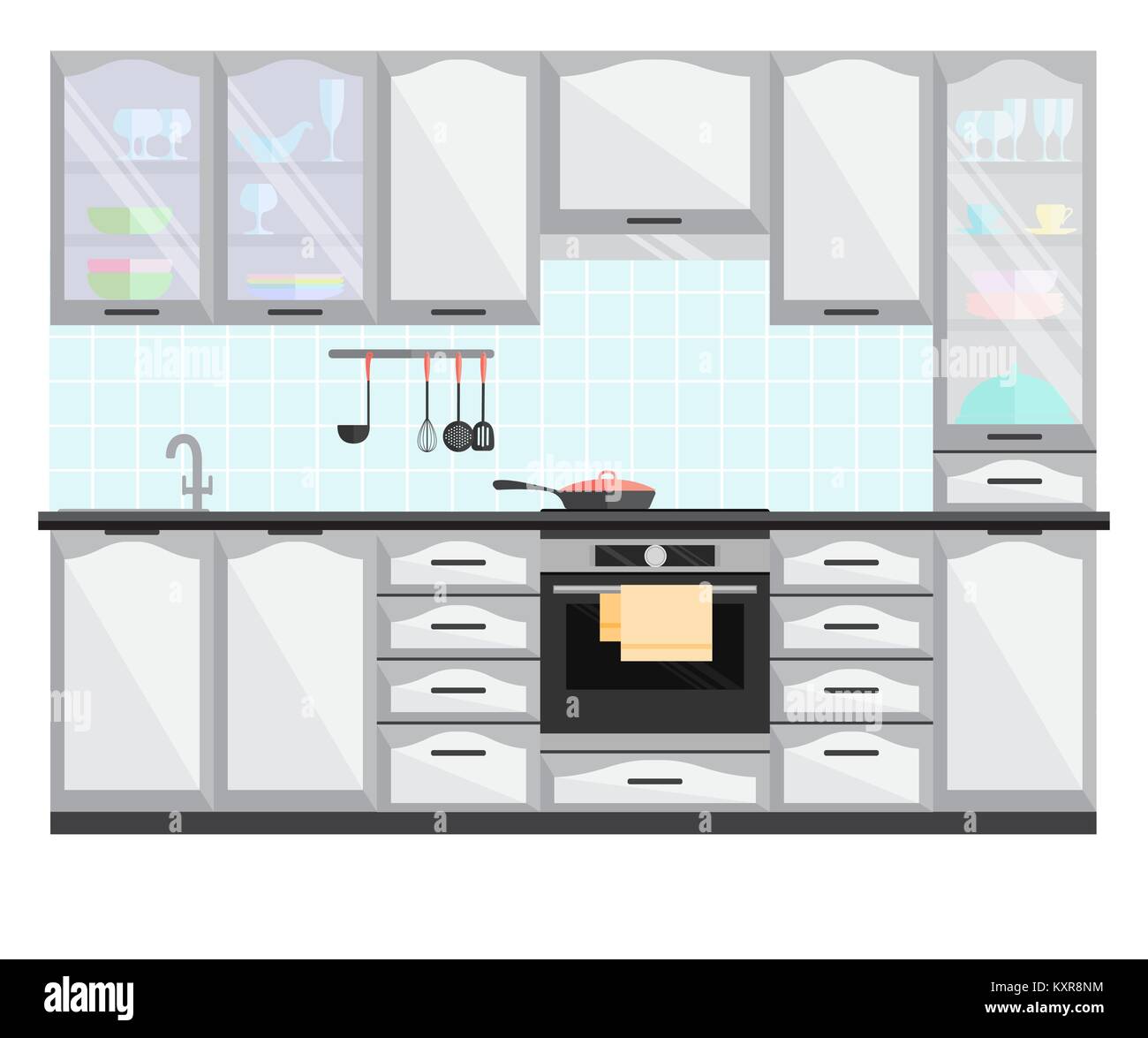 Küche Interieur mit Möbeln und Geräten. Vektor flachbild Abbildung. Stock Vektor