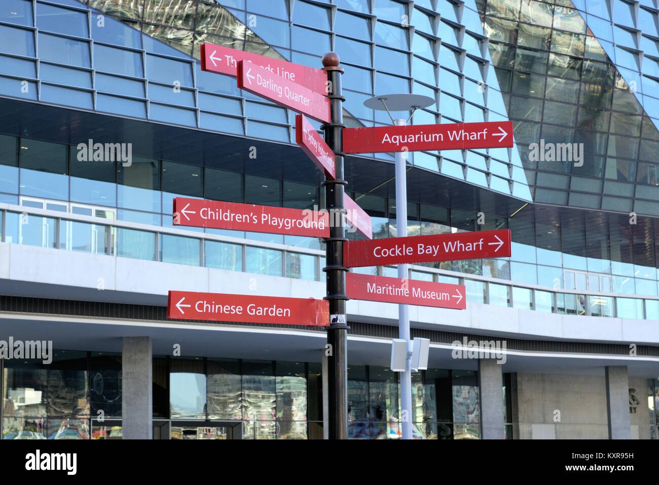 Wegweiser im kommerziellen Zentrum von Darling Harbour Sydney Australien. Schild mit den Namen von Sehenswürdigkeiten, Freizeiteinrichtungen, wie chinesische Garten. Stockfoto