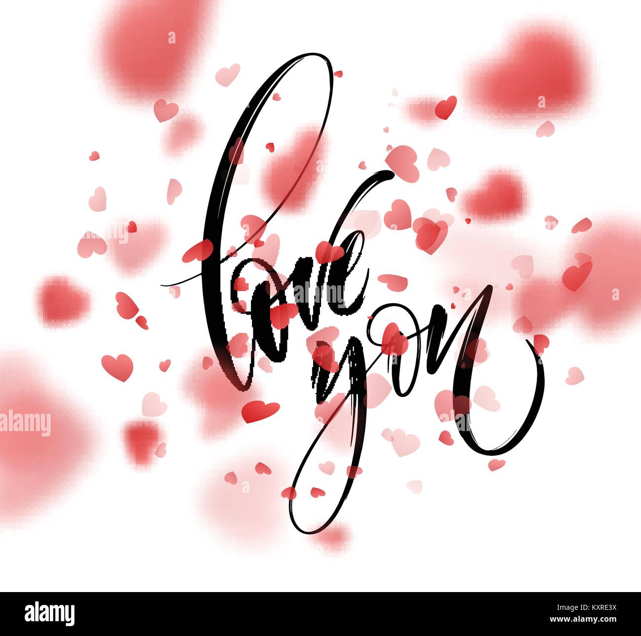 Liebe Wort Hand Schriftzug mit roten Herzen. Vector