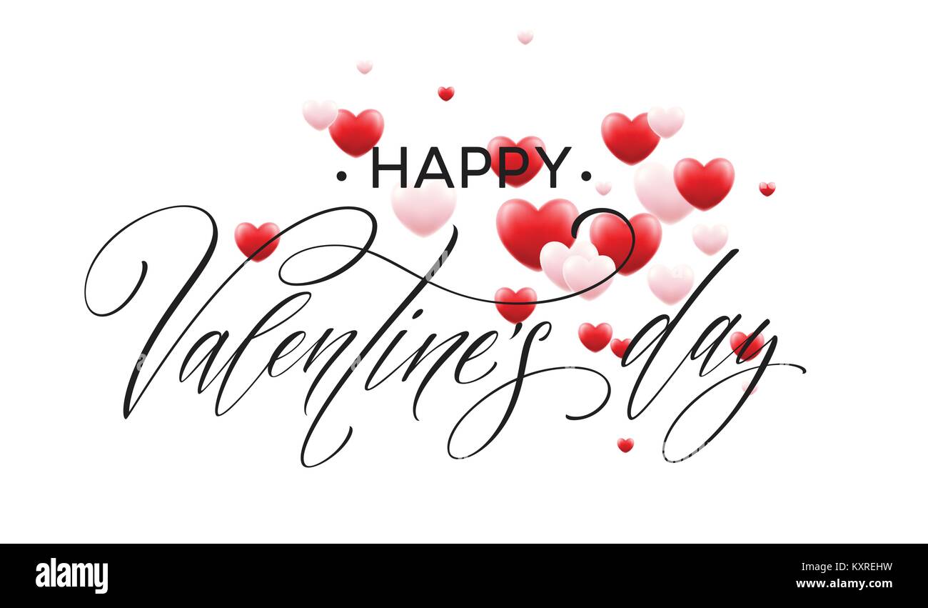 Happy Valentines Tag Schriftzug mit roten Herzen Luftballon Hintergrund. Vector Illustration Stock Vektor