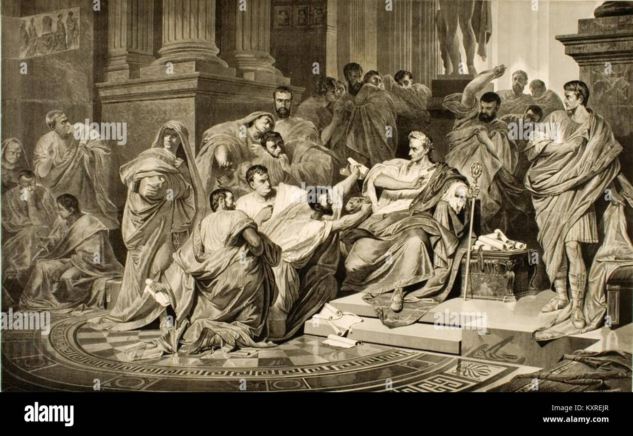 Die Illustration von Franciszek Tegazzo, nach Pilloti, zeigt die Ermordung von Julius Cäsar und erfasst das historische Ereignis aus der römischen Geschichte. Stockfoto