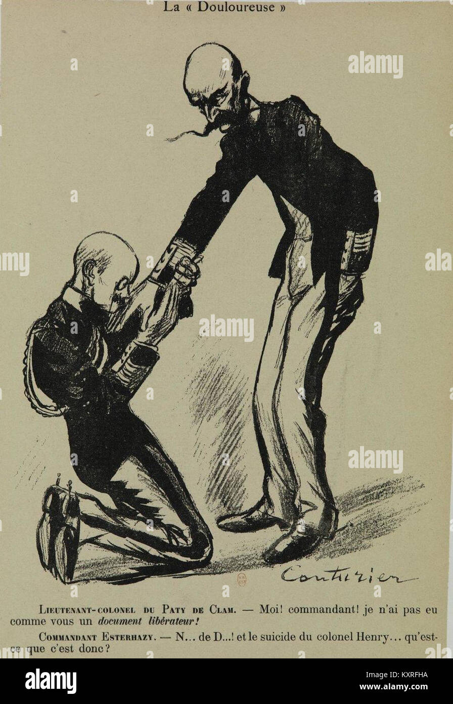 Eine Karikatur von Edouard Couturier aus dem Jahr 1898, in der Paty de Clam und Ferdinand Walsin Esterhazy dargestellt werden, Figuren, die mit der Dreyfus-Affäre in Frankreich in Verbindung gebracht wurden und die politischen Spannungen dieser Zeit widerspiegeln. Stockfoto