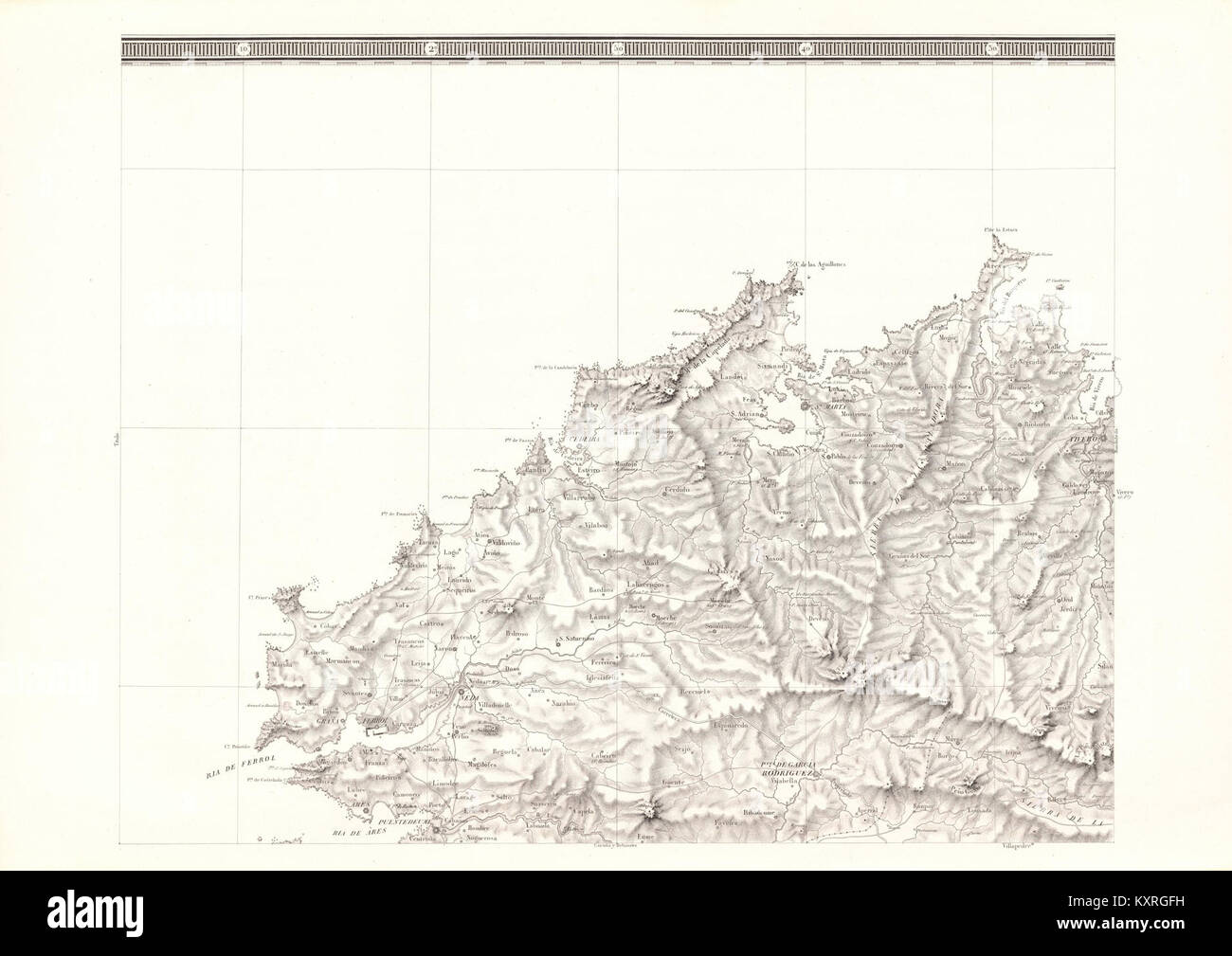 Eine detaillierte geometrische Karte Galiciens, die sich auf die Region Ferrol konzentriert und die spanischen kartographischen Praktiken des 19. Jahrhunderts und die geographische Darstellung veranschaulicht. Stockfoto