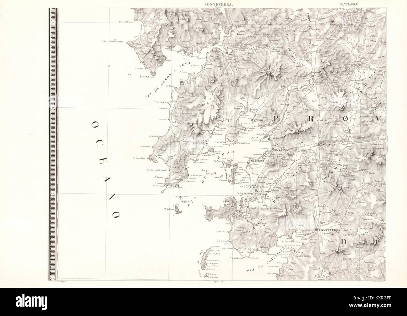 Geometrische Karte Galiciens, insbesondere der Provinz Pontevedra, mit administrativen Unterteilungen, Gelände und wichtigen geografischen Merkmalen des Nordwestens Spaniens. Stockfoto
