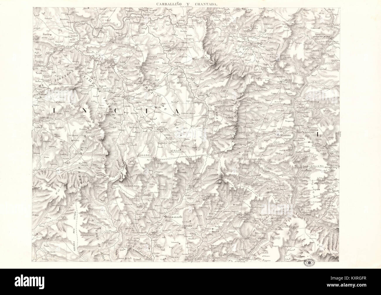 Eine Karte von Galicien, Spanien, mit den Regionen Carballiño und Chantada. Sie bietet einen detaillierten Überblick über die Topographie und die geografischen Merkmale des Gebiets. Stockfoto