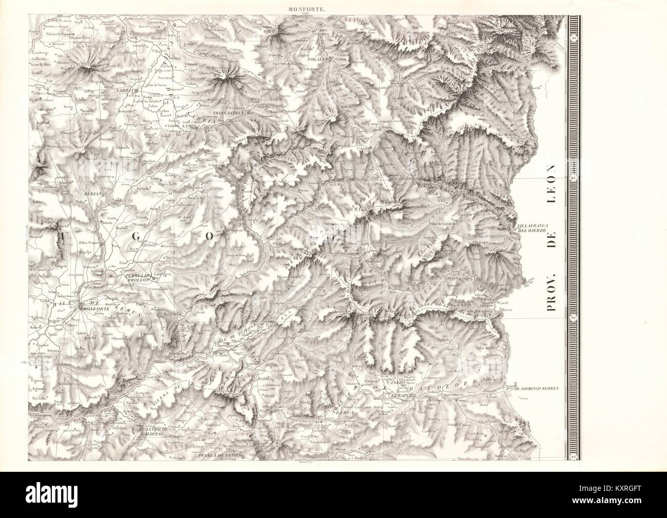Geometrische Karte Galiciens mit Schwerpunkt auf Monforte, Spanien, die detaillierte regionale Geographie und Verwaltungsgrenzen für kartographische Referenzen aus dem 19. Jahrhundert darstellt. Stockfoto