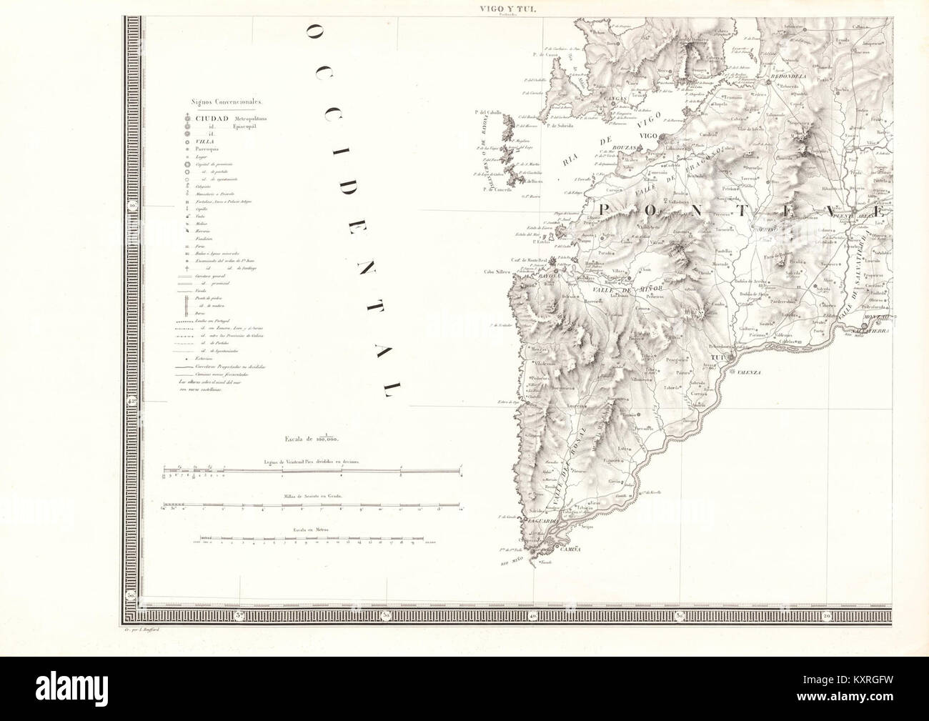 Geometrische Karte Galiciens, die die Regionen Vigo und Tui zeigt und detaillierte topografische und geografische Merkmale veranschaulicht, die für die kartographische Referenz des 19. Jahrhunderts verwendet wurden. Stockfoto