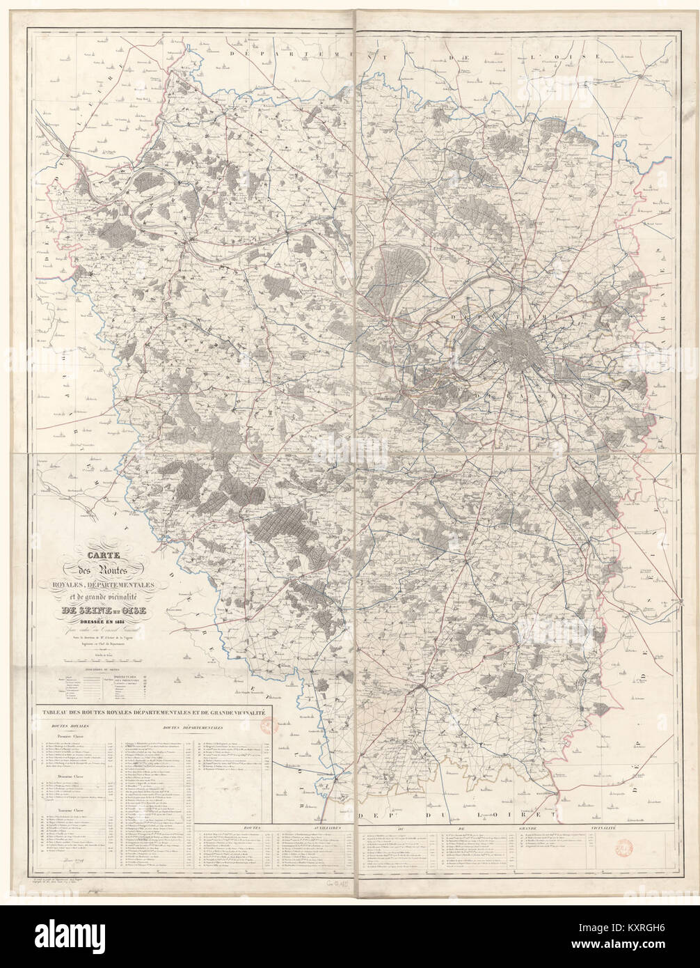 Carte des routes départementales Royales, et de Grande vicinalité de Seine-et-Oise Stockfoto