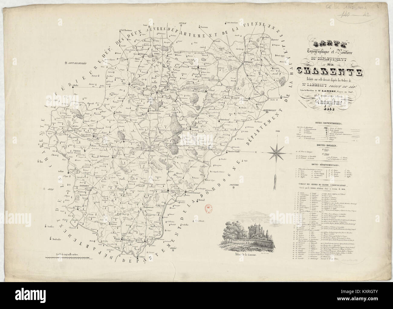 Eine topografische Karte des Departements Charente in Frankreich aus dem Jahr 1842, die detaillierte Geländemerkmale, Siedlungen und Transportwege enthält. Stockfoto
