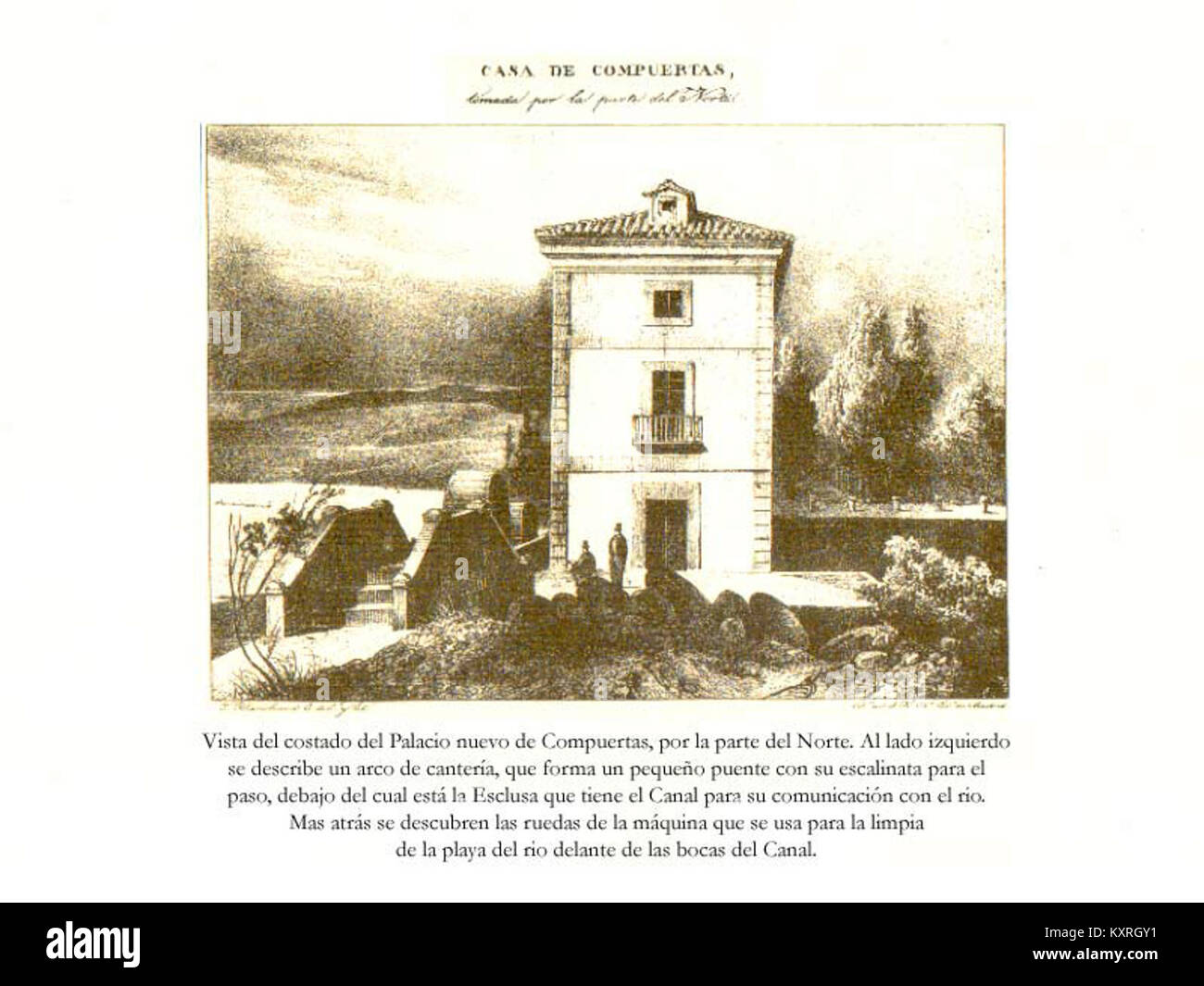 Casa de compuertas, Teil des Canal Imperial, ist eine historische hydraulische Struktur, die den Wasserfluss für Bewässerung und Navigation in Spanien steuert. Stockfoto