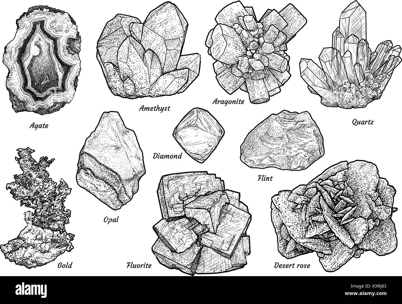 Mineraliensammlung Abbildung, Zeichnung, Gravur, Tinte, Strichzeichnungen, Vektor Stock Vektor