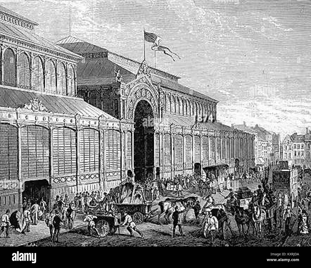 Centrale Hallen-Halles centrales (houtgravure uit Abbildung européenne, 1874) Stockfoto