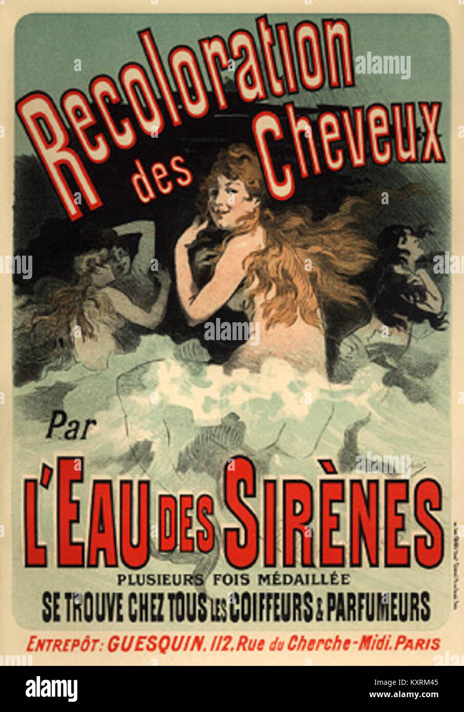 Die um 1899 erschienene Werbelithografie „Eau des Sirènes“ (Platte 153) des französischen Plakatkünstlers Jules Chéret zeigt stilisierte weibliche Figuren (Sirenen) im Wasser, die ein für die kommerzielle Kunst der Belle Epoque charakteristisches Haarfärbeprodukt fördern. Stockfoto