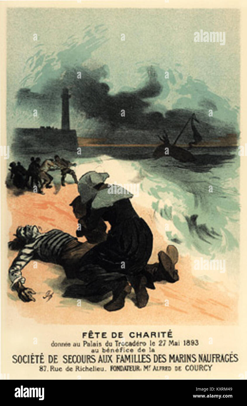 Ein lithografisches Poster von Jules Chéret mit dem Titel „Fête de Charité“, das für eine gemeinnützige Veranstaltung in Paris wirbt und sein Jugendstilplakat mit lebhaften Farben und Bewegungen veranschaulicht. Stockfoto