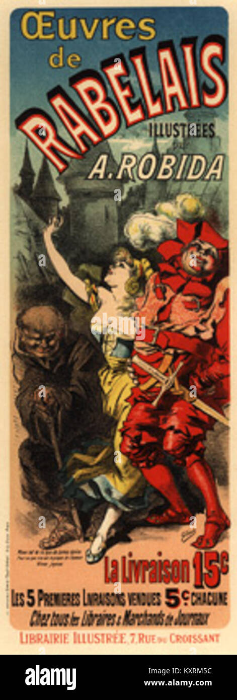 Illustration von Jules Chéret für „oeuvres de Rabelais“, die seine künstlerische Interpretation klassischer französischer Literatur zeigt. Das Kunstwerk verbindet literarisches Erbe mit Design-Ästhetik des späten 19. Jahrhunderts. Stockfoto