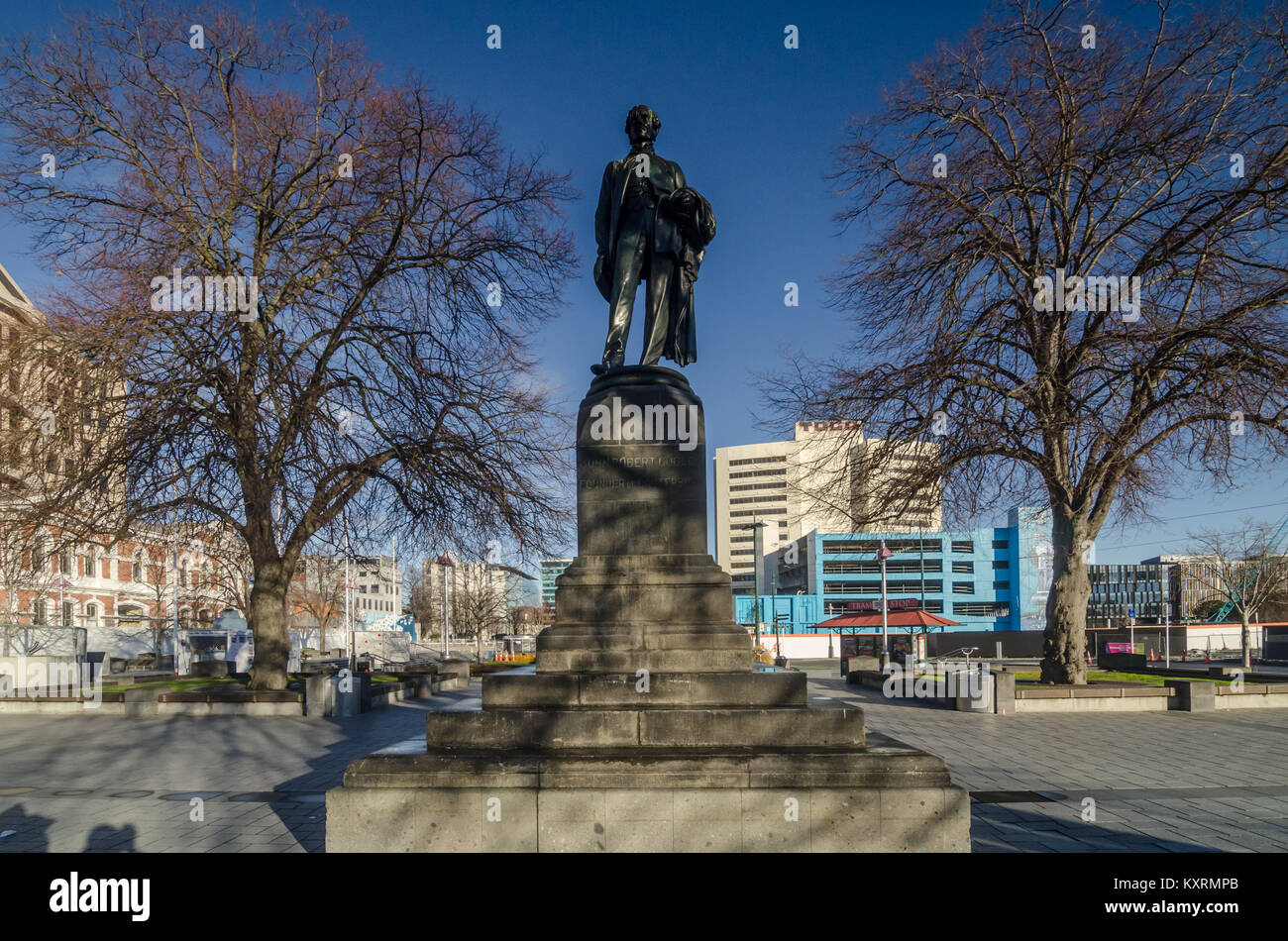 John Robert Godley Statue in Christchurch. Godley war ein irischer Politiker und Bürokraten, er gilt als der Gründer von Canterbury, Neuseeland. Stockfoto