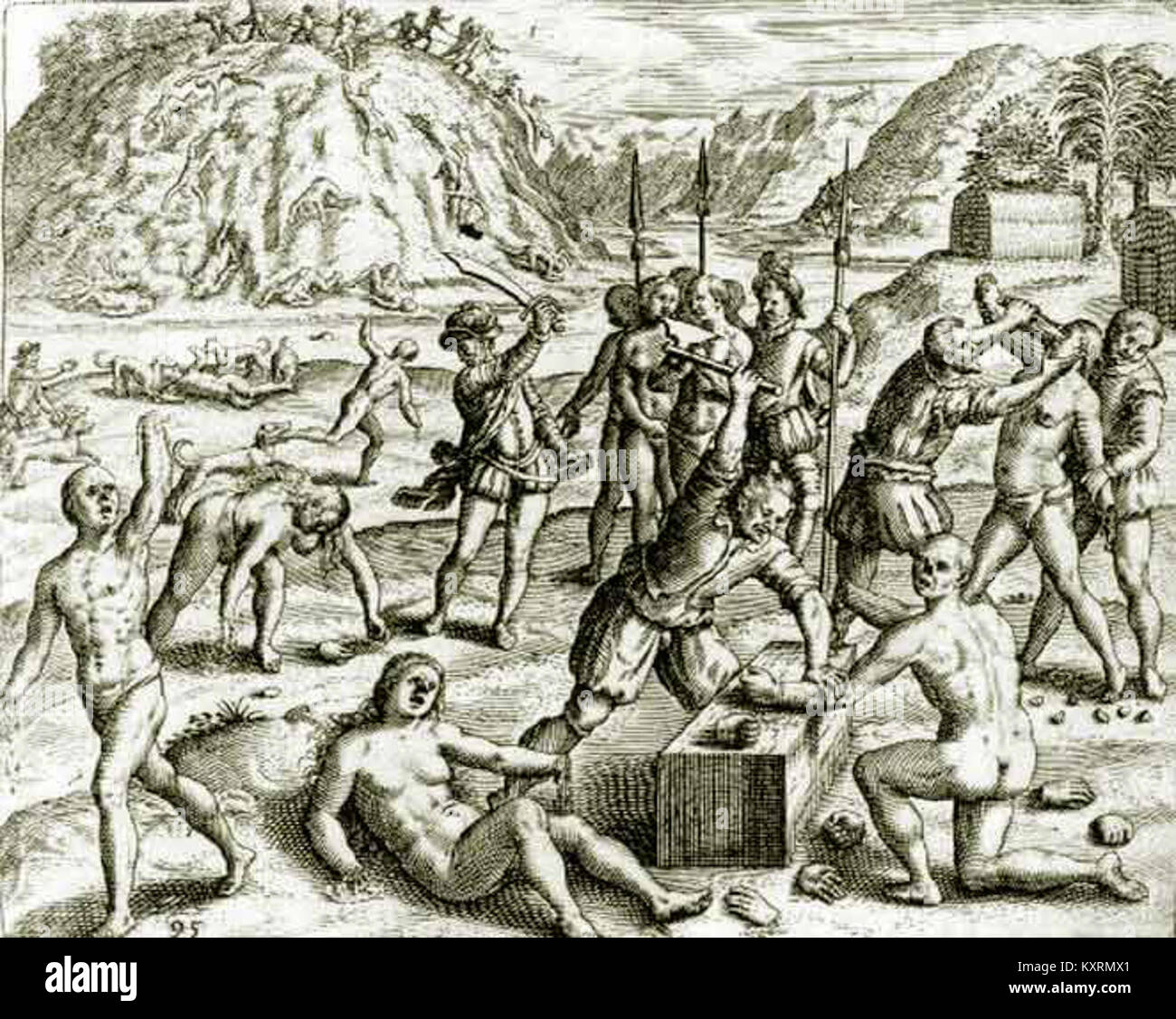 Verweis auf eine historische Darstellung der Gewalt während der spanischen Kolonialherrschaft, in der Soldaten unter Columbus beschrieben werden, die Arawak-Indianer dafür bestrafen, dass sie die Minenquoten nicht eingehalten haben. Stockfoto