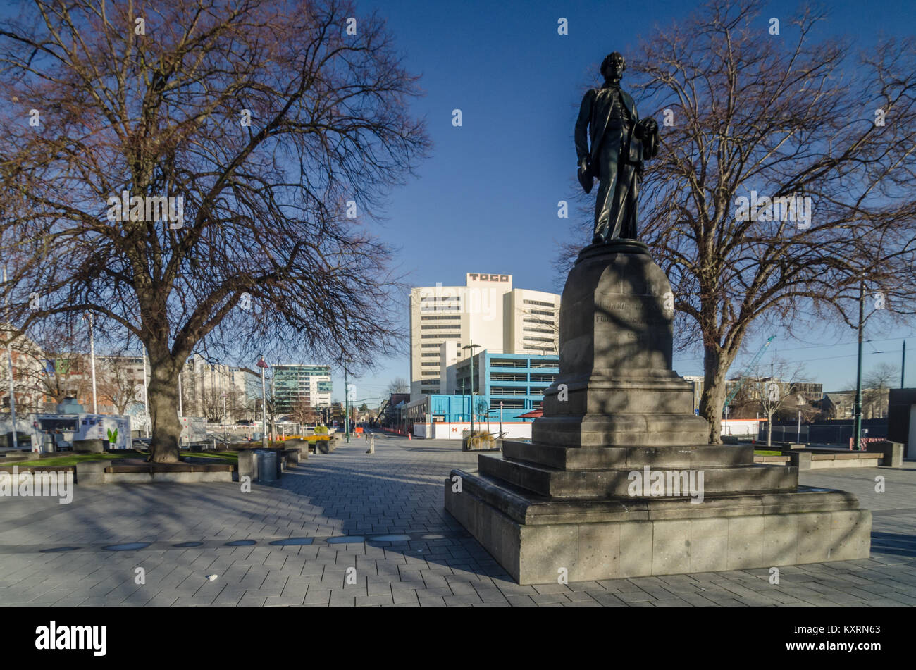 John Robert Godley Statue in Christchurch. Godley war ein irischer Politiker und Bürokraten, er gilt als der Gründer von Canterbury, Neuseeland. Stockfoto
