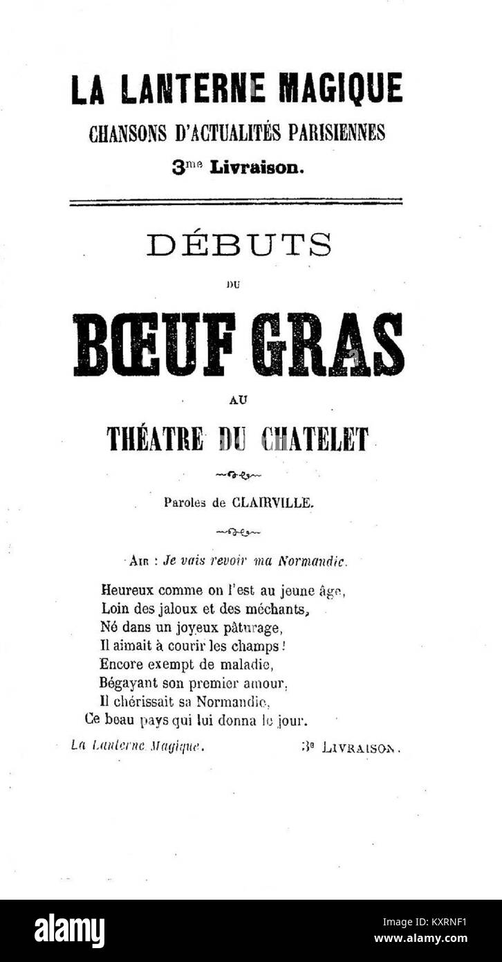 Die Vorstellung von „Débuts du Boeuf Gras“ von Clairville im Théâtre du Châtelet in Paris von 1865 ist ein französisches Theater aus dem 19. Jahrhundert, das für seinen Humor, seinen kulturellen Ausdruck und seine Bühneninnovationen bekannt ist. Stockfoto