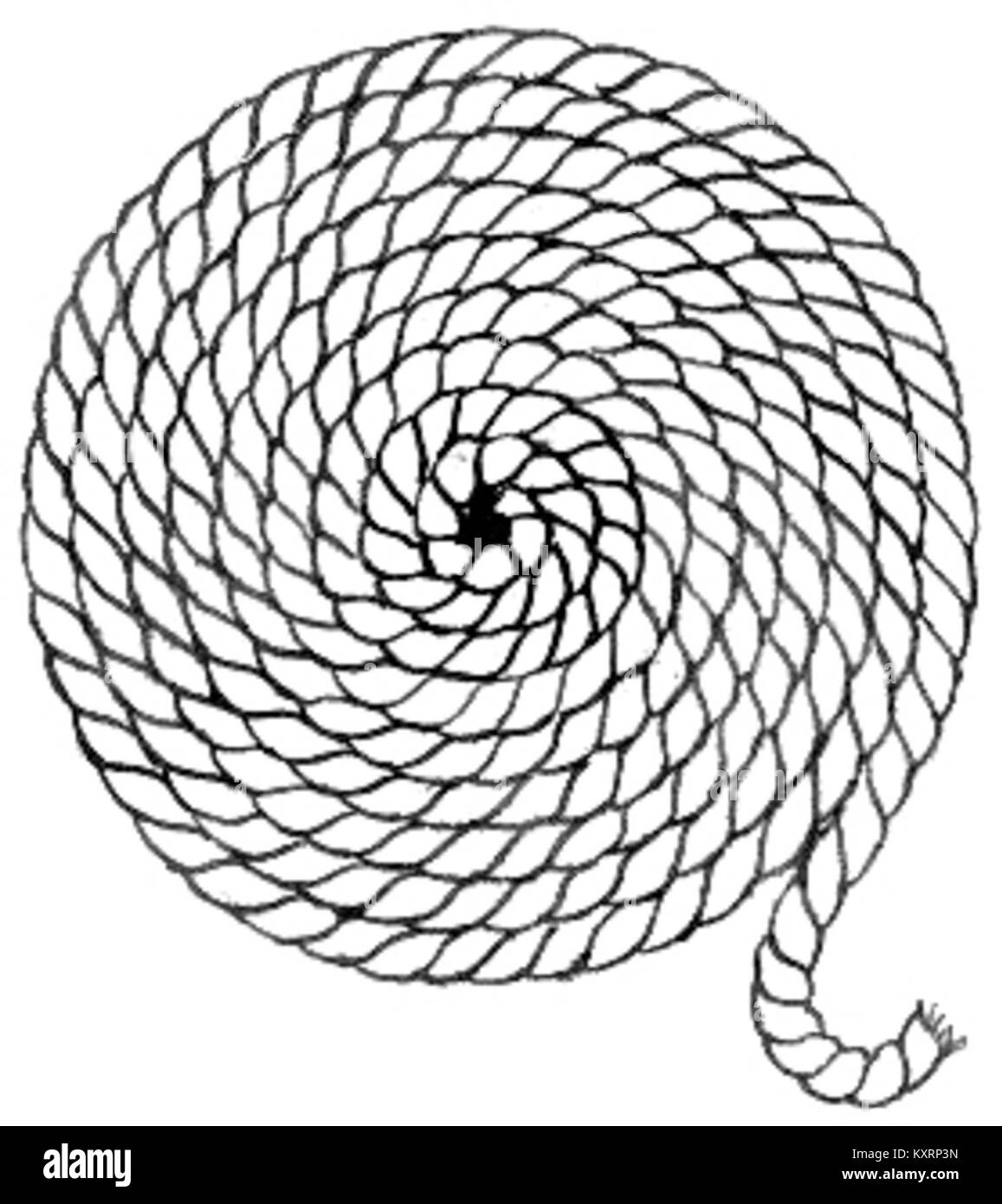 Eine gewickelte Seillänge, dargestellt in einer organisierten kreisförmigen Form, die seine Struktur und Materialeigenschaften veranschaulicht. Das Bild hebt Textur, Muster und Form hervor, die in maritimen oder industriellen Anwendungen verwendet werden. Stockfoto