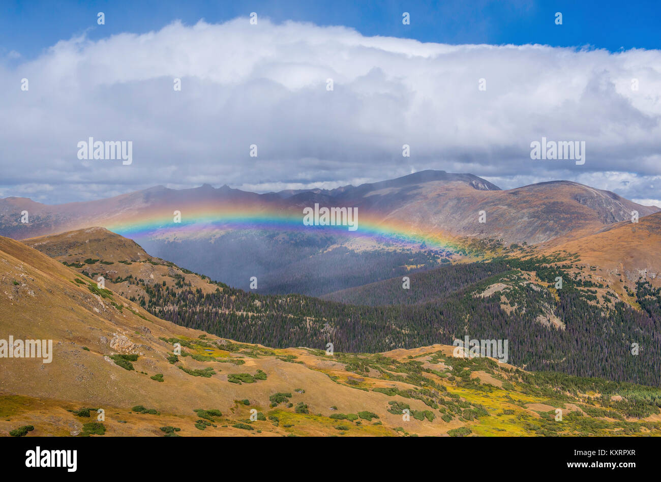Regenbogen und Gewitterwolken, Rocky Mountain NP, Colorado, USA, von Bruce Montagne/Dembinsky Foto Assoc Stockfoto