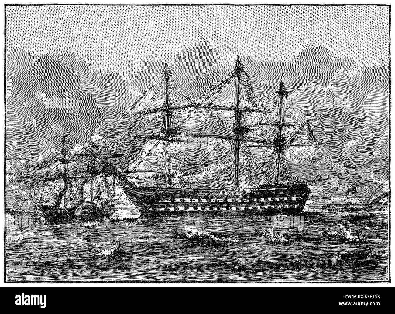 1891 Holzstich der H.M.S. Rodney an der Bombardierung von Sewastopol während des Krimkrieges am 17. Oktober 1854. Stockfoto