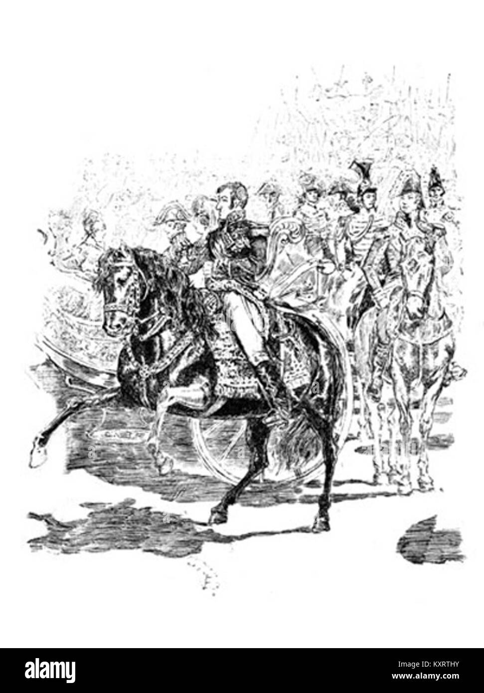 Eine Illustration zeigt die Ankunft von Königin María Cristina in Madrid und zeigt die königliche Prozession, die zeremonielle Umgebung und den historischen Kontext während ihrer Herrschaft in Spanien. Stockfoto