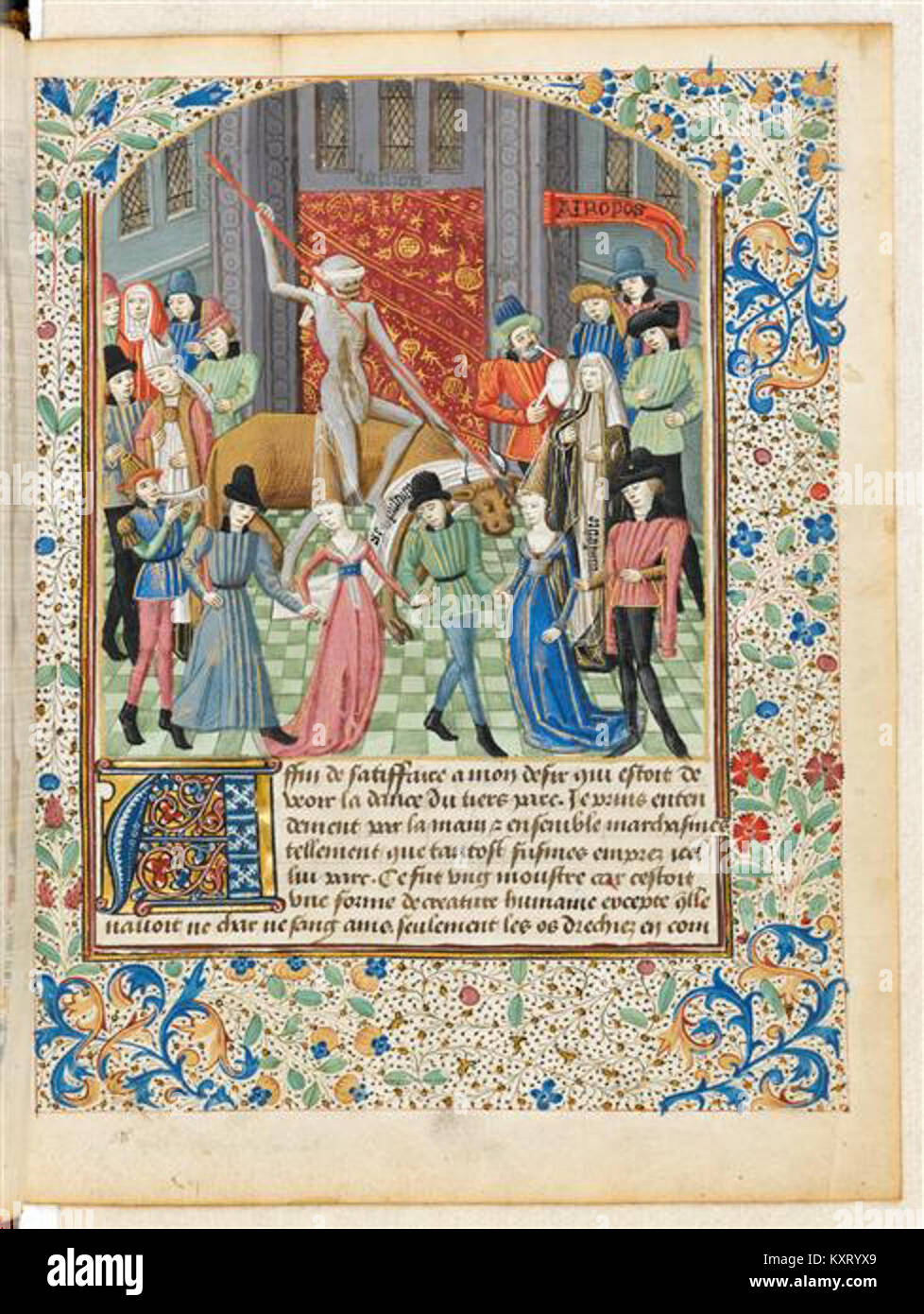 Beleuchtung aus der Handschrift *Danse Macabre* aus dem 15. Jahrhundert im Musée Condé, die das Thema des Tanzes des Todes darstellt und mittelalterliche Konzepte von Sterblichkeit und Gleichheit vor dem Tod veranschaulicht. Stockfoto