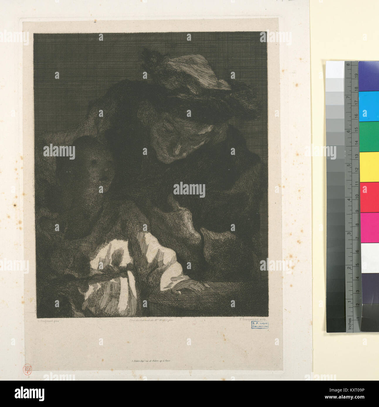 Ätzung nach einem Werk des französischen Künstlers Jean-Honoré Fragonard, das feine Gravurtechniken demonstriert, die typisch für die französische Druckerei des 18. Jahrhunderts sind. Stockfoto