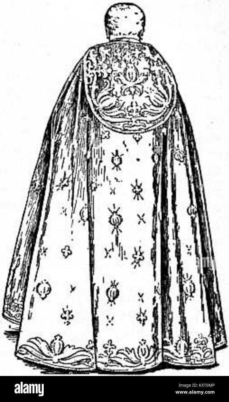 Illustration eines Krönungskops aus dem 17. Jahrhundert aus der Encyclopaedia Britannica von 1911, mit detaillierter Stickerei und zeremoniellem Design, das in königlichen oder kirchlichen Zeremonien verwendet wird. Stockfoto