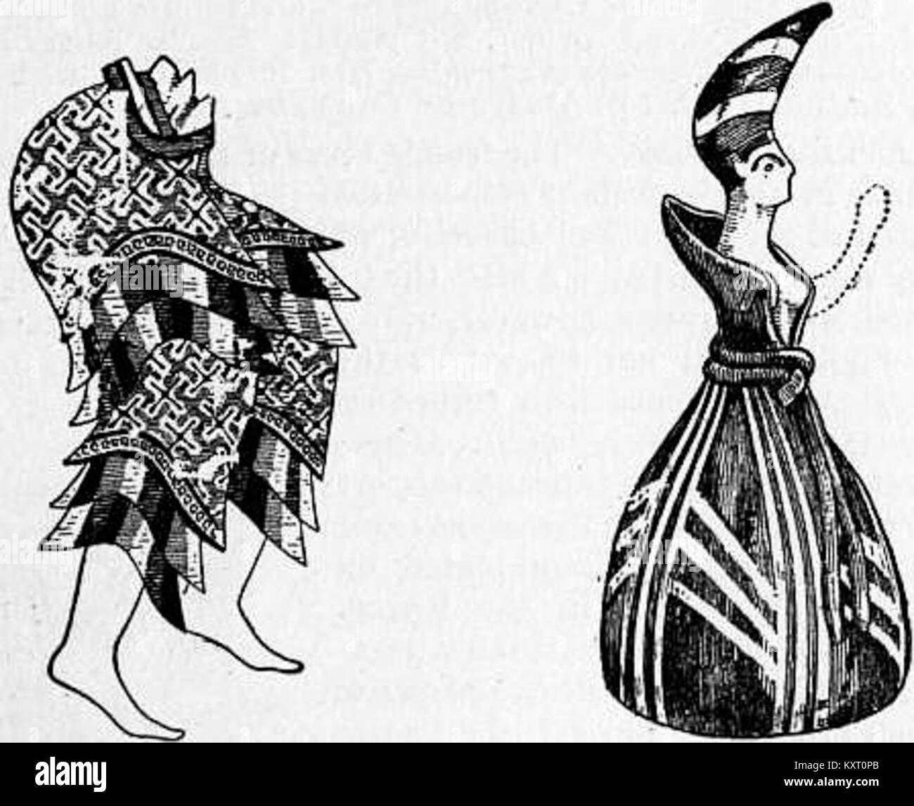 Dieser Eintrag aus der Encyclopaedia Britannica von 1911 zeigt ein Fresko von Phaestus und eine Statuette von Petsofa, die antike Kostüme und künstlerische Darstellungen aus der minoischen Kultur veranschaulichen. Stockfoto